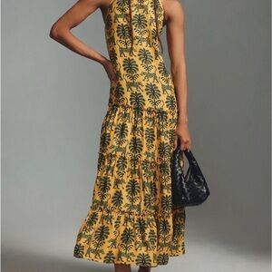 Anthropologie Yellow and Black Palm Midi Dress Farm Rio